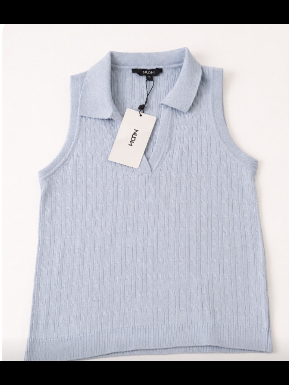 Light Blue Cable Knit Sleeveless Polo Top